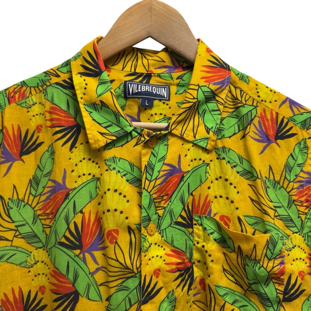 Vilebrequin Men's Large Yellow Banana Palm Tree Linen Cotton Hawaiian Shirt euc